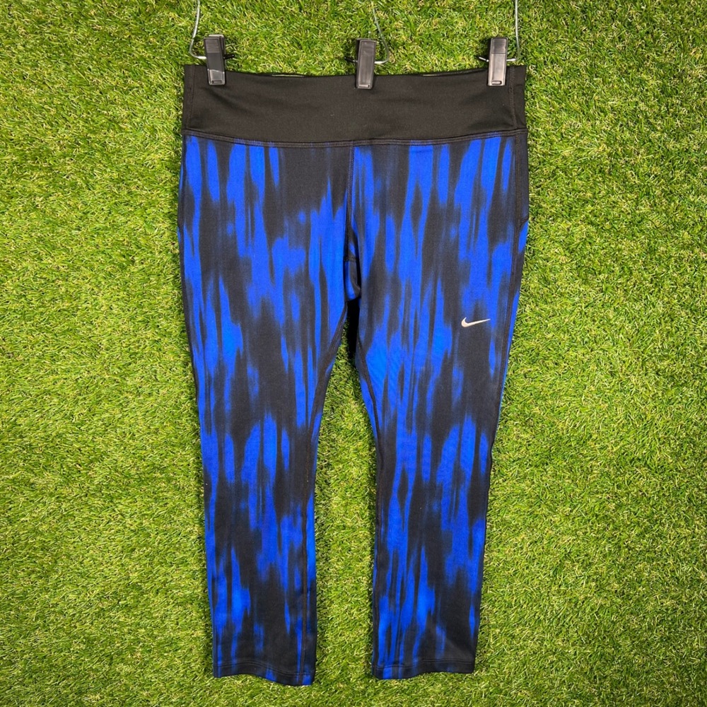 Nike Dri-FIT Womens Medium Blue Black Tie‎ Dye Cropped Leggings Rear Zip Pocket